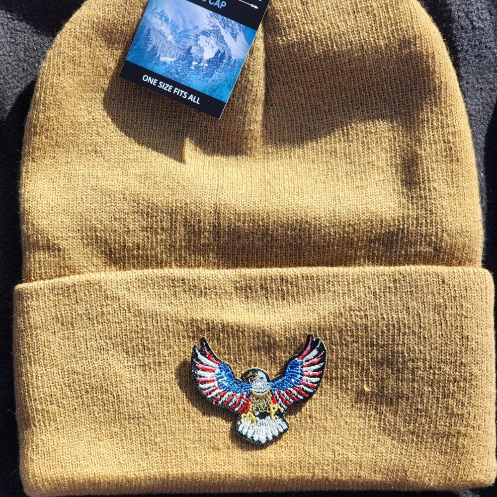 American Eagle Patched Knit Cuffed Beanie in Caramel.